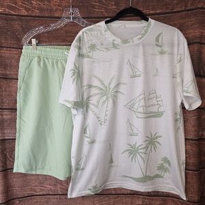 SHEIN Green and White Tropical Print T-Shirt and Shorts Set Size XL 1840AJ